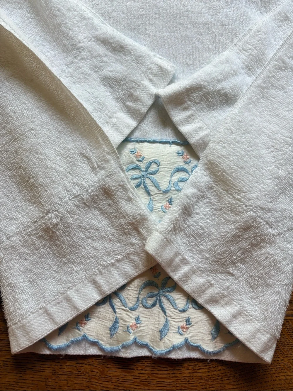 Vintage White with blue and pink Bow trim Bedding Towel Set of 2- Made in USA
